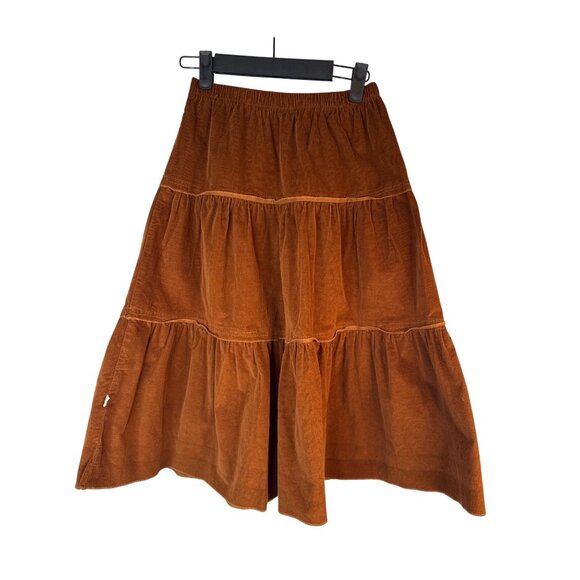 2/$30 Pastel Tiered M Rust Carmel Brown Thin Corduroy Midi Skirt Elastic Waist - Picture 7 of 10